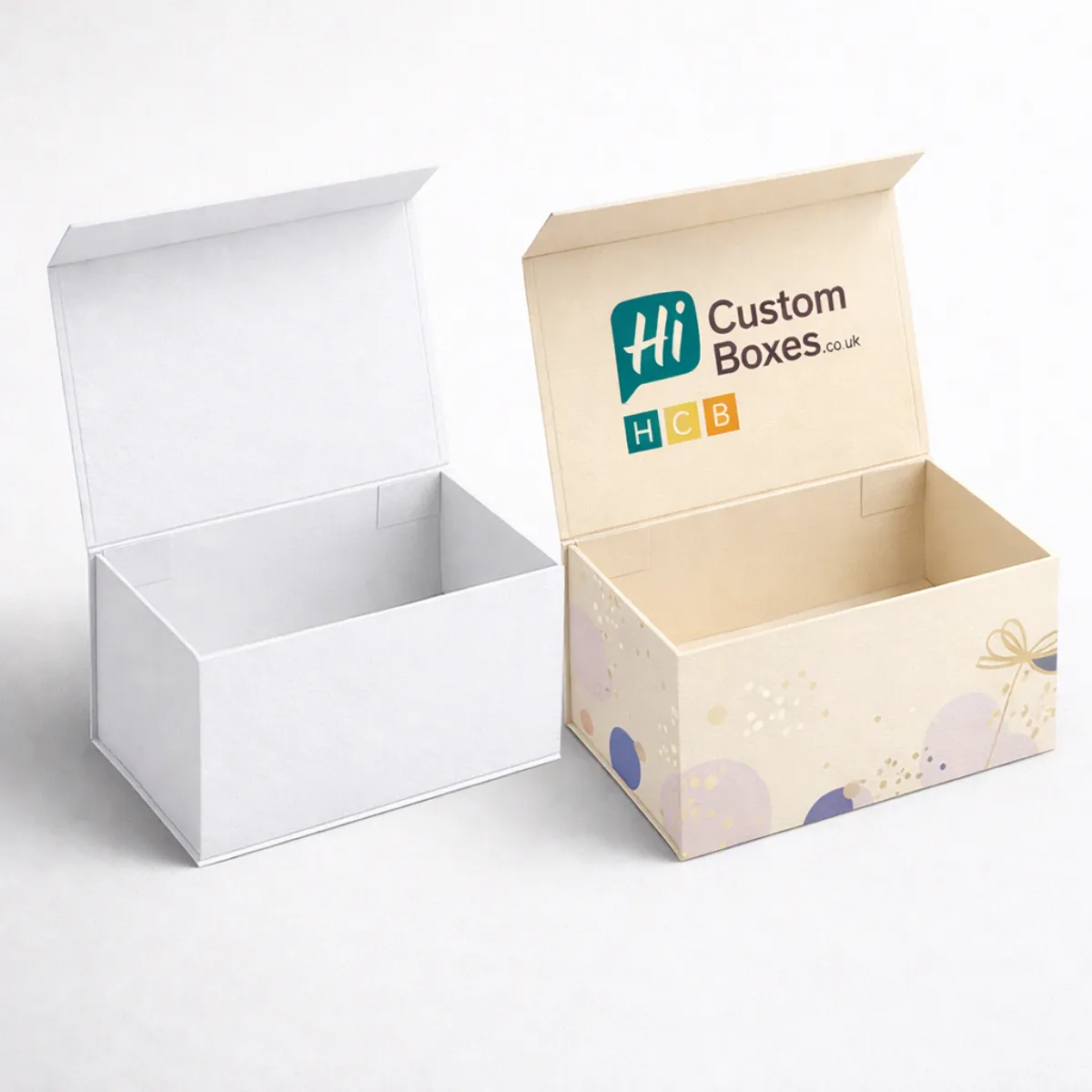 Deep rectangular magnetic closure boxes shown open- displaying a clean white and patterned cream finish- class=